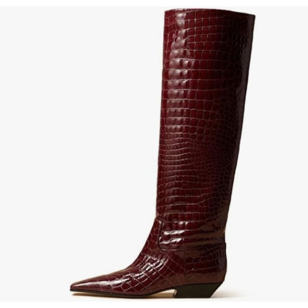 Chic Burgundy Croc-Patterned Heeled Boots